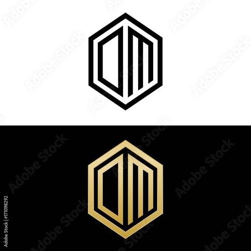 initial letters logo om black and gold monogram hexagon shape vector