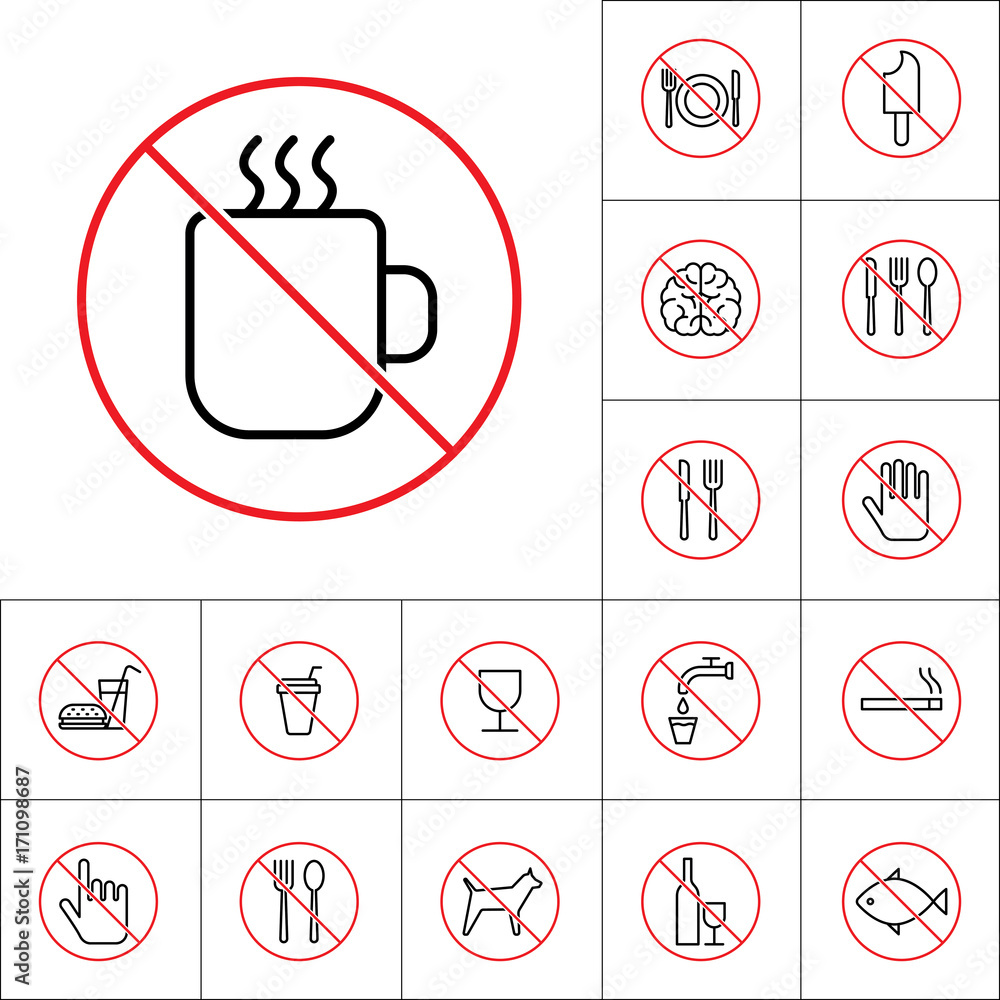 thin line hot drinks are not allowed sign, food icons set thin line hot drinks are not allowed sign, food icons set