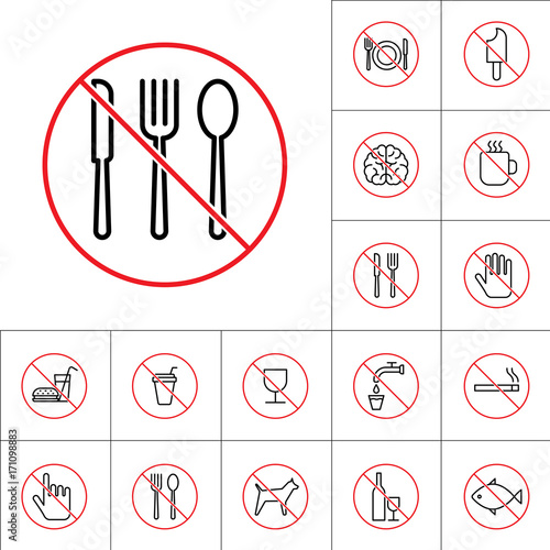 thin line no cutlery sign, food icons set