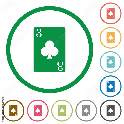 Three of clubs card flat icons with outlines
