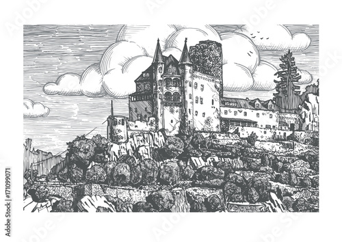 Engraved vector illustration of medieval castle