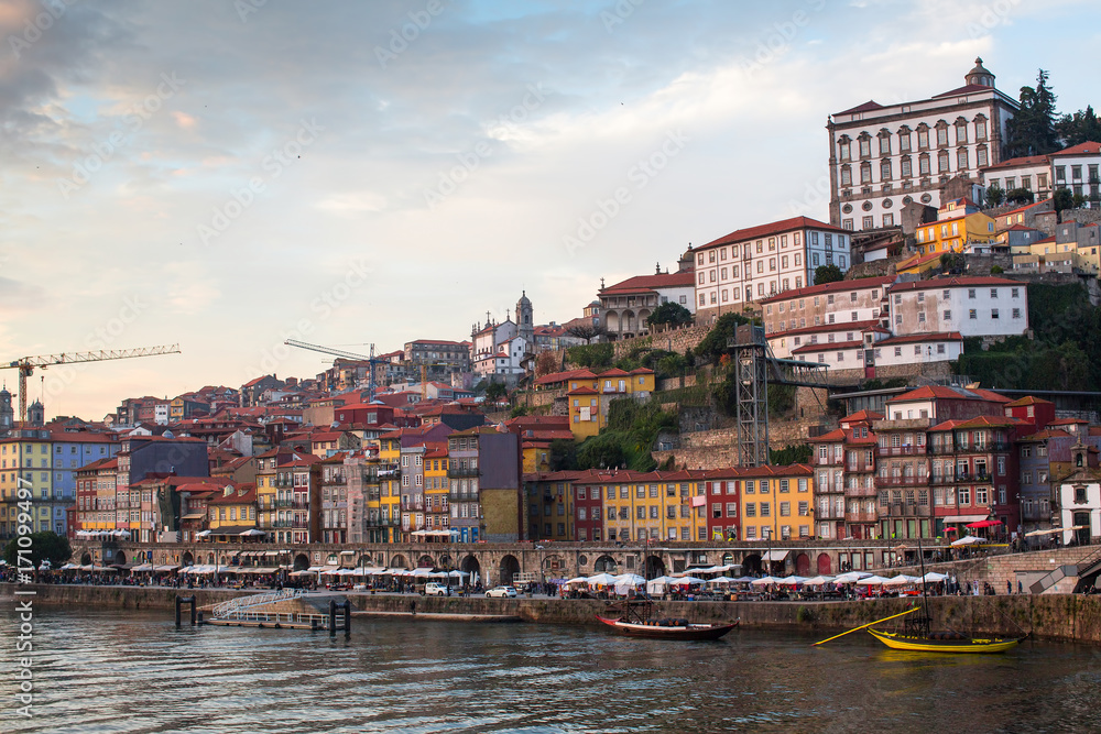 View of Douro river and Ribeira in old downtown, Porto, Portugal.