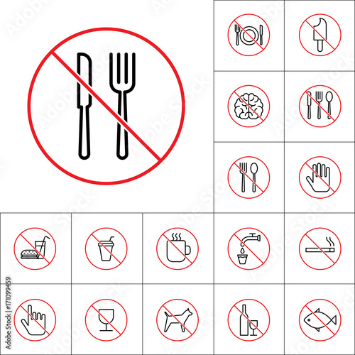 thin line no cutlery sign  food icons set