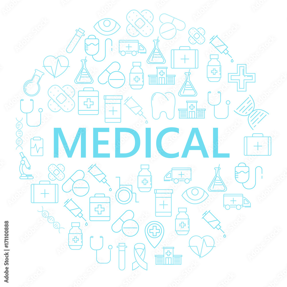 A circle of medical line icons in the center of which is a place for text
