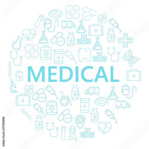 A circle of medical line icons in the center of which is a place for text