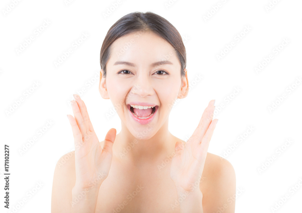 Beautiful girl with makeup, woman and skin care concept / attractive asia girl smilling on face isolated on white background. Beautiful girl with makeup, woman and skin care concept / attractive asia girl smilling on face isolated on white background.