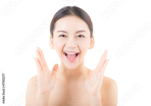 Beautiful girl with makeup, woman and skin care concept / attractive asia girl smilling on face isolated on white background.