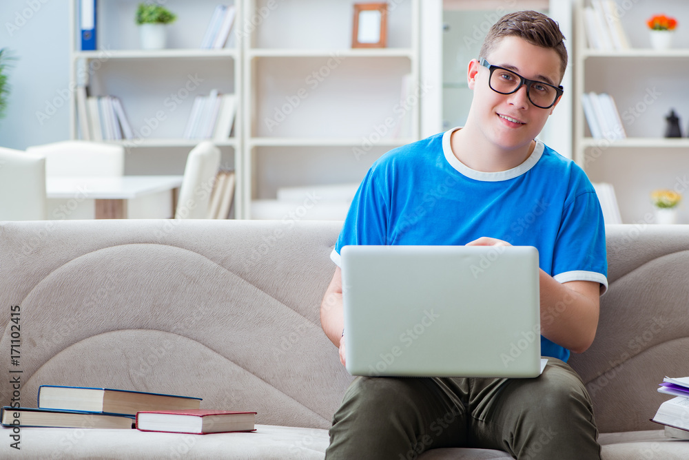 Young student preparing for exams studying at home on a sofa Young student preparing for exams studying at home on a sofa