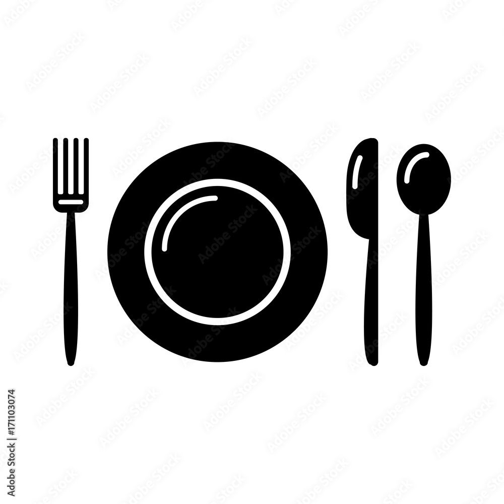 Black and white set - plate, fork, knife, spoon. Vector illustration Black and white set - plate, fork, knife, spoon. Vector illustration