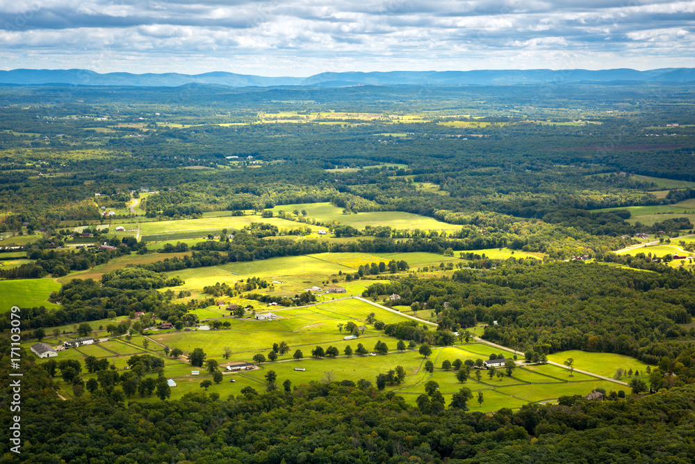 Aerial view of the Hudson Valley farm land as viewed from Gertrude's Nose hiking trail