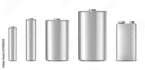 Vector realistic white alkaline batteriy icon set. Diffrent size - AAA, AA, C, D, PP3. Design template for branding, mockup. Closeup isolated on white background. Stock vector.