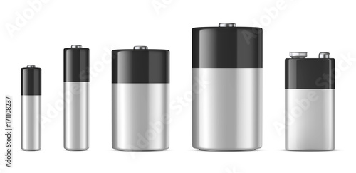 Vector realistic alkaline batteriy icon set. Diffrent size - AAA, AA, C, D, PP3. Design template for branding, mockup. Closeup isolated on white background. Stock vector.