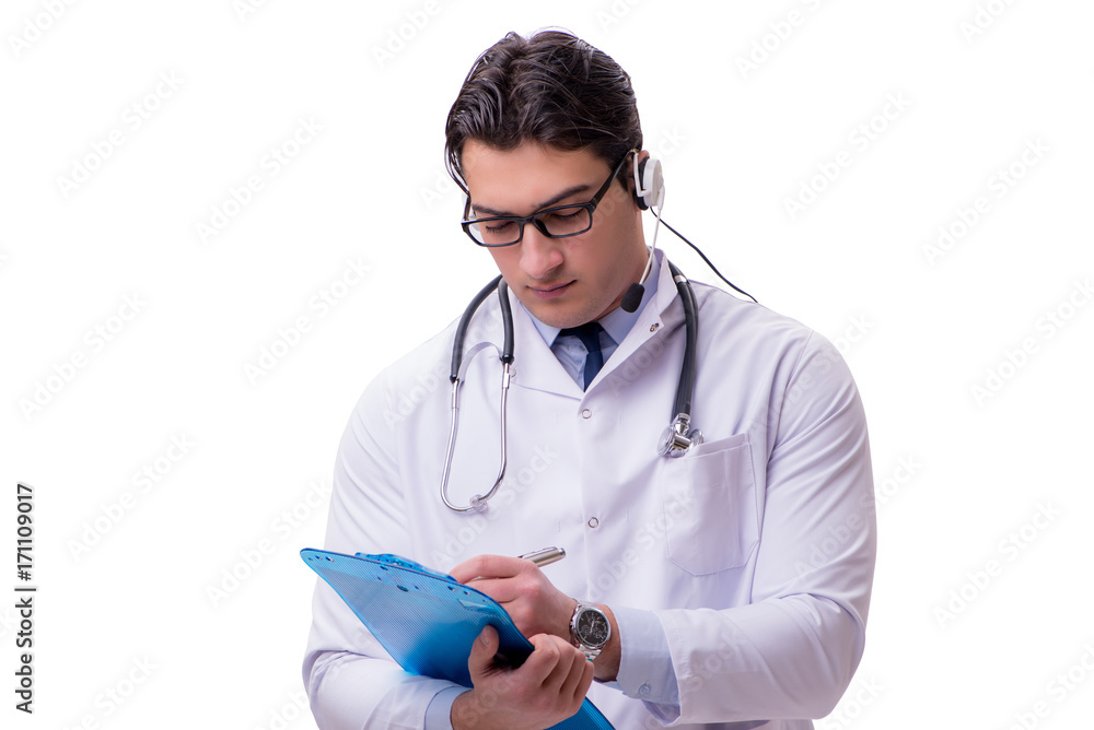 Young doctor with phone headset isolated on white Young doctor with phone headset isolated on white