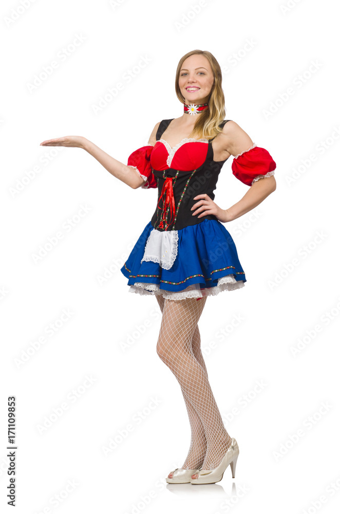 Woman in Oktoberfest concept on white Woman in Oktoberfest concept on white