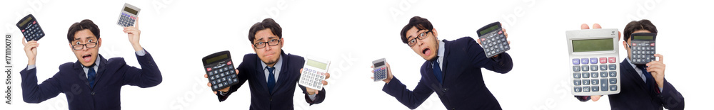 Funny man with calculator isolated on white Funny man with calculator isolated on white