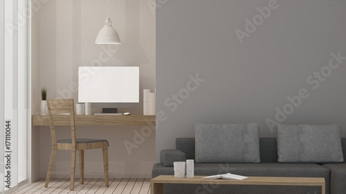 The interior work space room furniture 3d rendering and background decoration in hotel - minimal style concept
