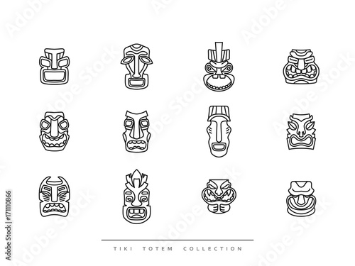 Collection Tiki Totem in linear style vector illustration.