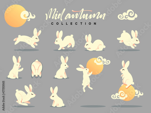 Set of happy rabbit illustration. Mid-Autumn festival. Collection funny bunny. Flat bunny c moon