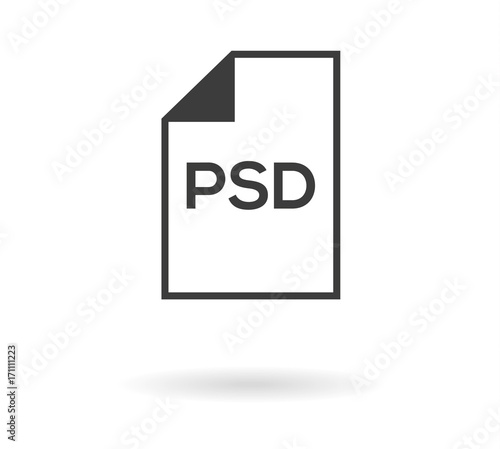 Simple greyscale icon with file and PSD text inside - can be used as button for download or upload .psd file, isolated on white with shadow