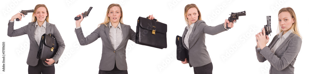 Businesswoman with gun isolated on white Businesswoman with gun isolated on white