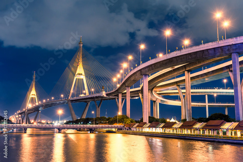 beauty of the Bhumibol bridge image before twilight sunset bangkok thailand photo