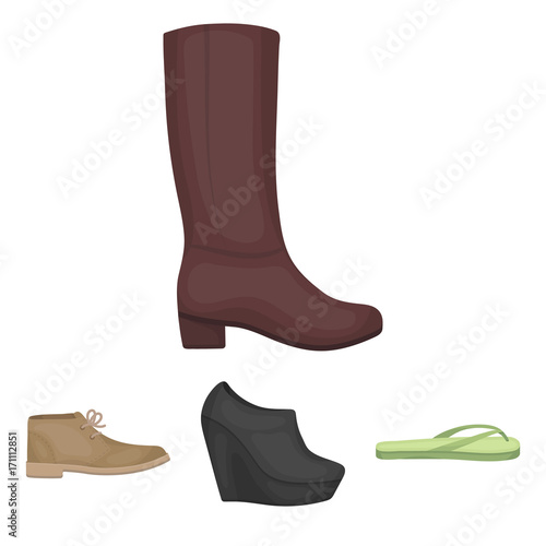 Autumn black shoes on a high platform, flip-flops green for relaxation, sandy men's autumn shoes, high brown boots. Shoes set collection icons in cartoon style vector symbol stock illustration web.