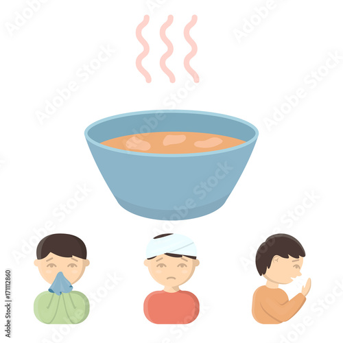 A man with a bandaged head, a man coughing, a man snorts a snot, a bowl, a bowl of hot broth into a handkerchief. Sick set collection icons in cartoon style vector symbol stock illustration web.