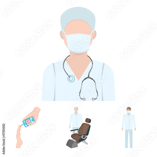 Doctor in a face mask, dentist, medical staff, a blood test for sugar. Medicineset collection icons in cartoon style vector symbol stock illustration web.