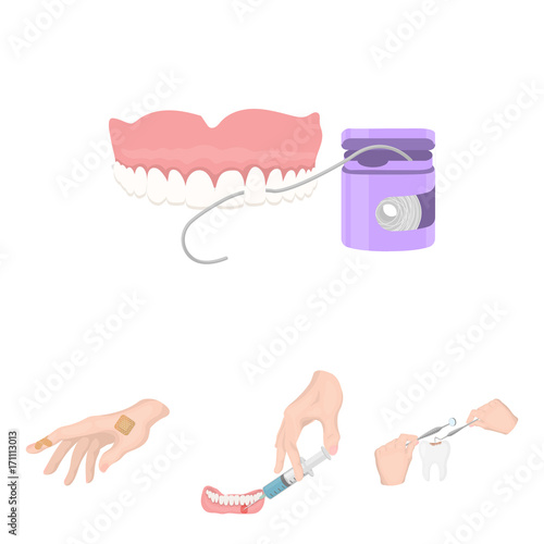 Anesthetic injection, dental instrument, hand manipulation, tooth cleaning and other web icon in cartoon style.bactericidal plaster, medicine icons in set collection.