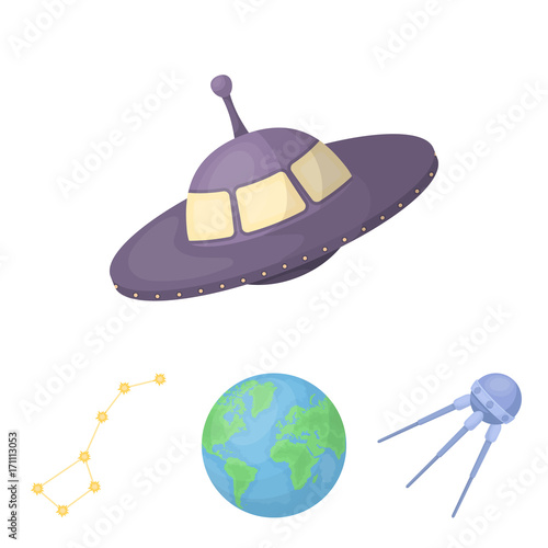 Planet Earth with continents and oceans, flying satellite, Ursa Major, UFO. Space set collection icons in cartoon style vector symbol stock illustration web.