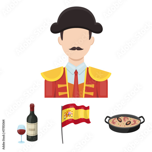 Flag with the coat of arms of Spain, a national dish with rice and tomatoes, a bottle of wine with a glass, a bullfighter, a matador. Spain country set collection icons in cartoon style vector symbol