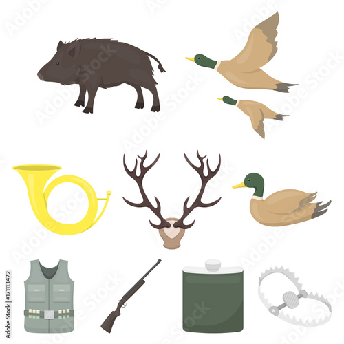 Hunting set icons in cartoon style. Big collection of hunting vector symbol stock illustration
