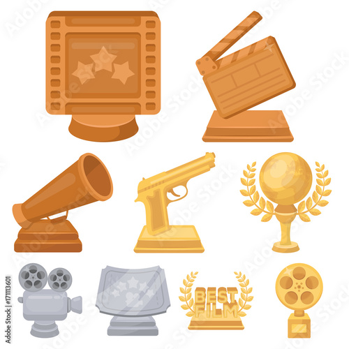 A set of awards for the movie viewings. Gold, silver and bronze awards to the Director, the actor. Moovie awards icon in set collection on cartoon style vector symbol stock illustration. photo