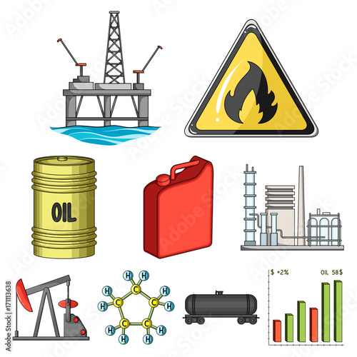 Oil rig, pump and other equipment for oil recovery, processing and storage.Oil set collection icons in cartoon style vector symbol stock illustration web.