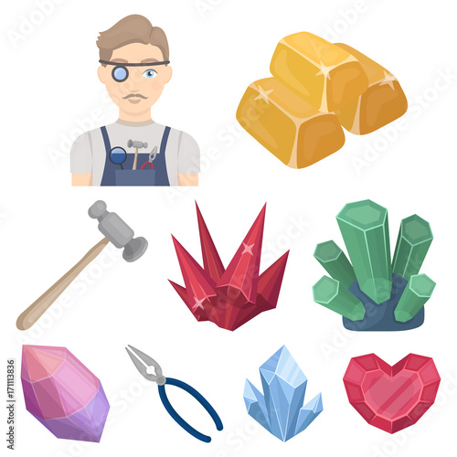 A set of jewelry, crystals, minerals and expensive metals. The jeweler inspects the ornaments.Precious minerals amd jeweler icon in set collection on cartoon style vector symbol stock illustration.