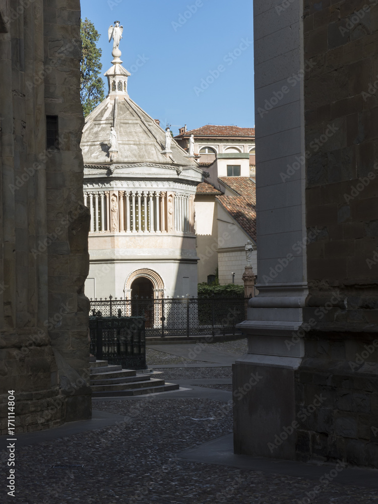 Bergamo, old city, the baptistery close to the Cathedral and Colleoni chapel