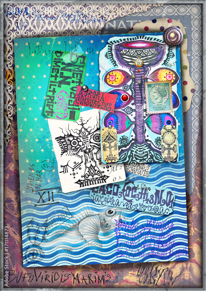 Obraz premium Carte,collage,schizzi,disegni e manoscritti esoterici,astrologici,alchemici e misteriosi