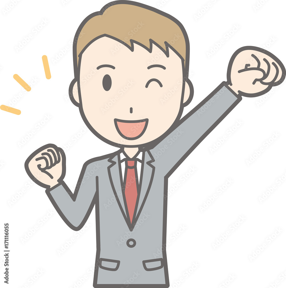 An illustration that a businessman wearing a suit winks up his fist An illustration that a businessman wearing a suit winks up his fist