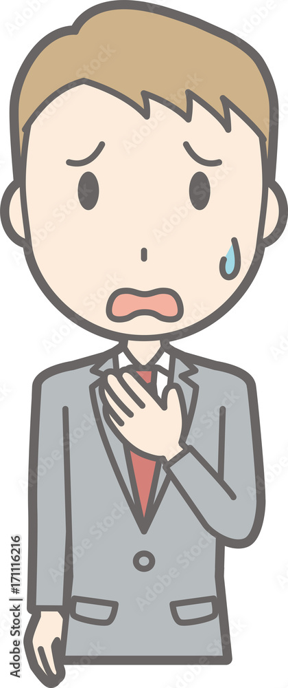 Illustrations worried by a businessman wearing a suit putting his hands on his chest