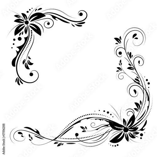 Fototapeta Naklejka Na Ścianę i Meble -  Floral corner design. Ornament black flowers on white background - vector stock. Decorative border with flowery elements, pattern. Wedding card with flourish swirl and circles