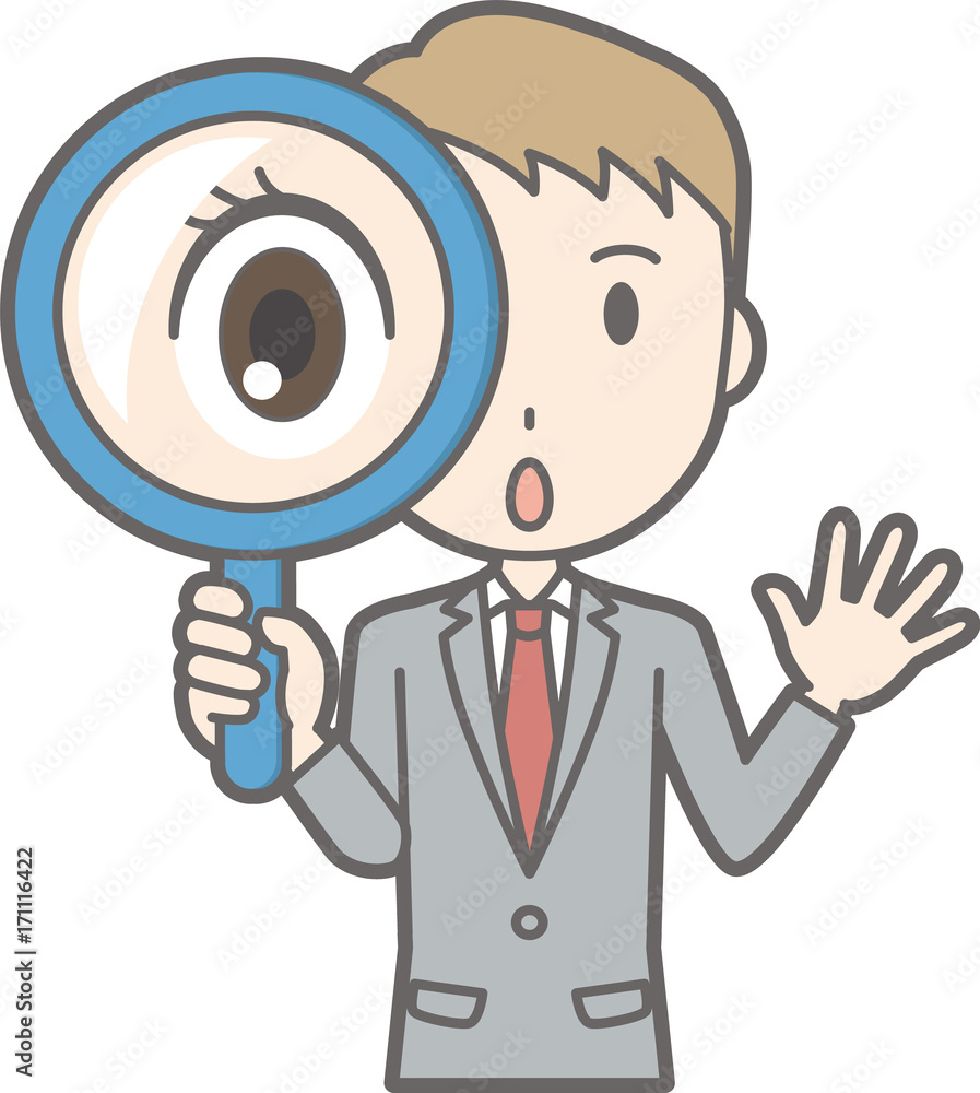 Illustration that a businessman wearing a suit has a magnifying glass Illustration that a businessman wearing a suit has a magnifying glass