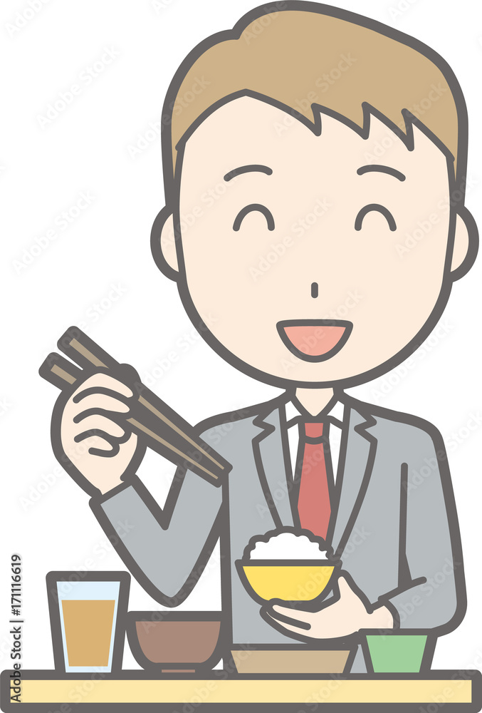 Illustration that a businessman wearing a suit is eating Japanese food Illustration that a businessman wearing a suit is eating Japanese food
