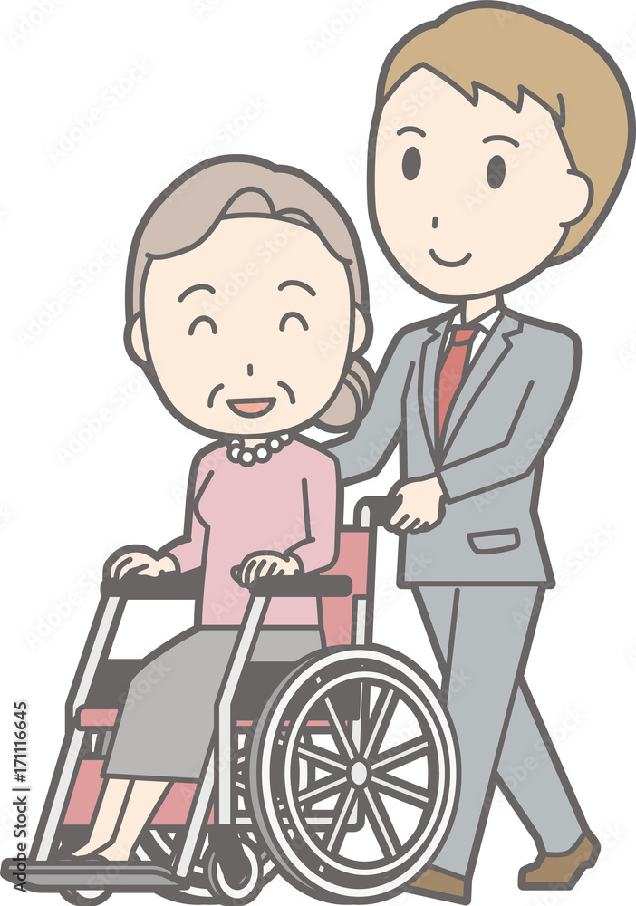Illustration that a businessman wearing a suit pushes a wheelchair walking Illustration that a businessman wearing a suit pushes a wheelchair walking