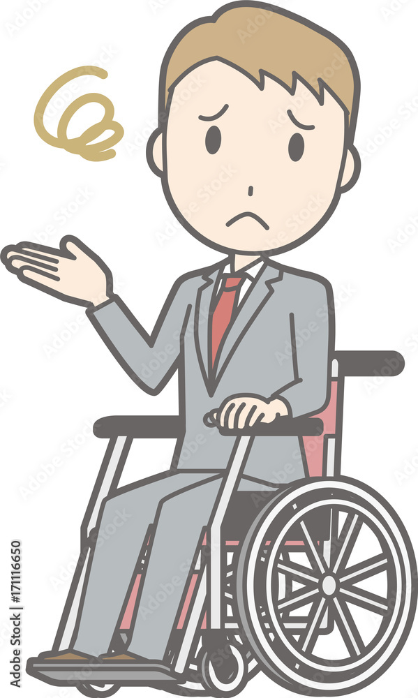 An illustration that a businessman wearing a suit is having trouble getting on a wheelchair An illustration that a businessman wearing a suit is having trouble getting on a wheelchair
