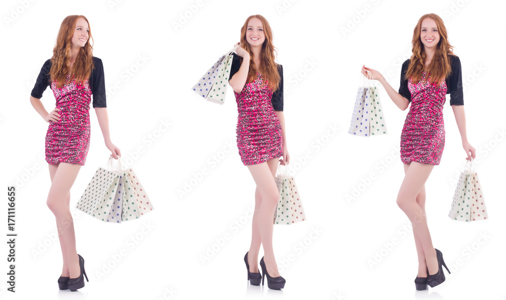 Girl after good shopping on white Girl after good shopping on white