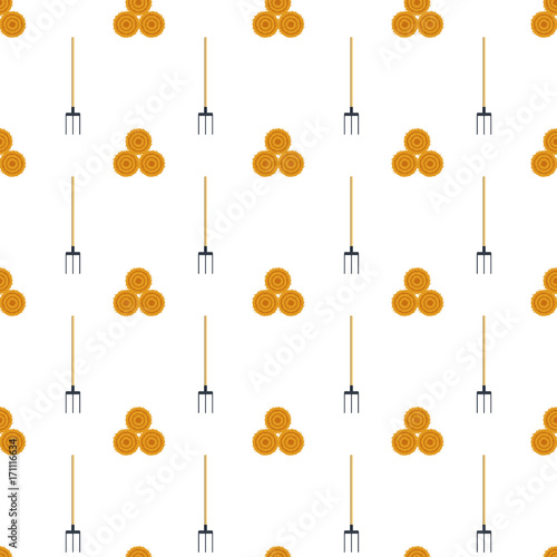 Seamless pattern flat dried haystack with hayfork isolated on white background. Farming haymow bale hayloft vector illustration