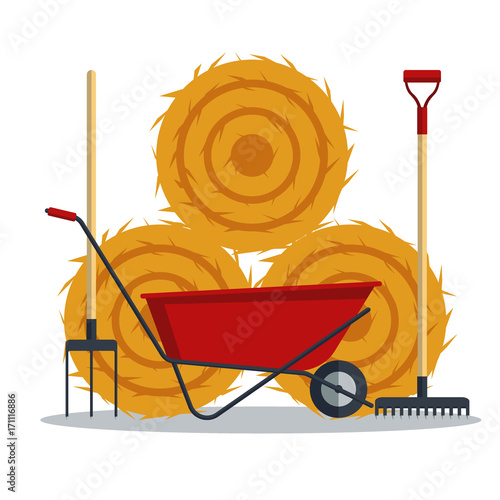 Red flat gardening wheelbarrow with hay, rake and pitchfork isolated on white background. Tool constraction farming wheel icon equipment - vector illustration