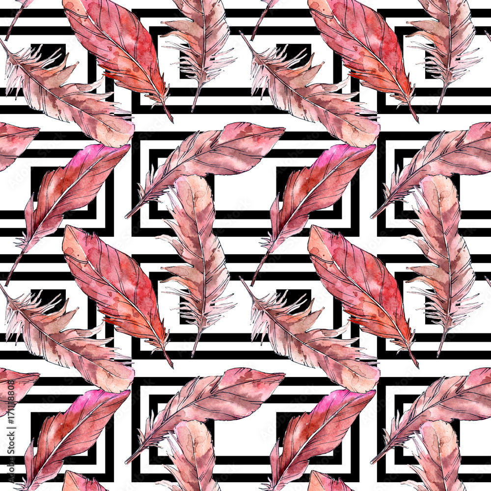 Obraz premium Watercolor bird feather pattern from wing. Aquarelle feather for background, texture, wrapper pattern, frame or border.