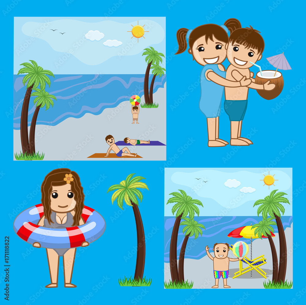 Fun at Tropical Beach  Cartoon Characters - clip-art characters vector