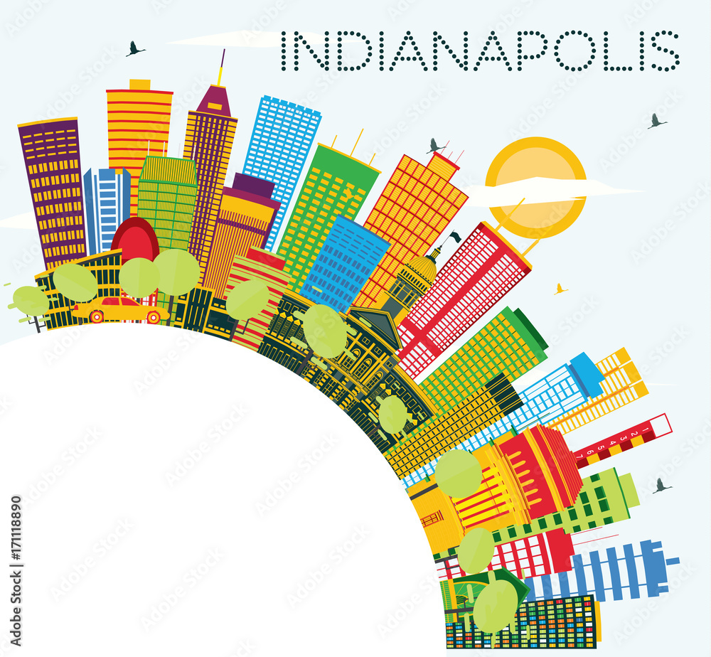 Indianapolis Skyline with Color Buildings, Blue Sky and Copy Space.